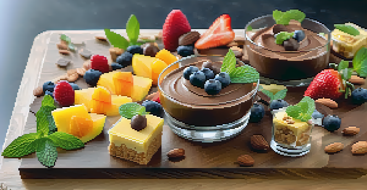 A beautiful arrangement of various vegan desserts, including chocolate mousse and fruit parfaits, presented on a wooden platter with decorative mint leaves.