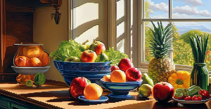 A bright kitchen filled with an assortment of colorful fruits and vegetables on a wooden countertop, illuminated by sunlight.