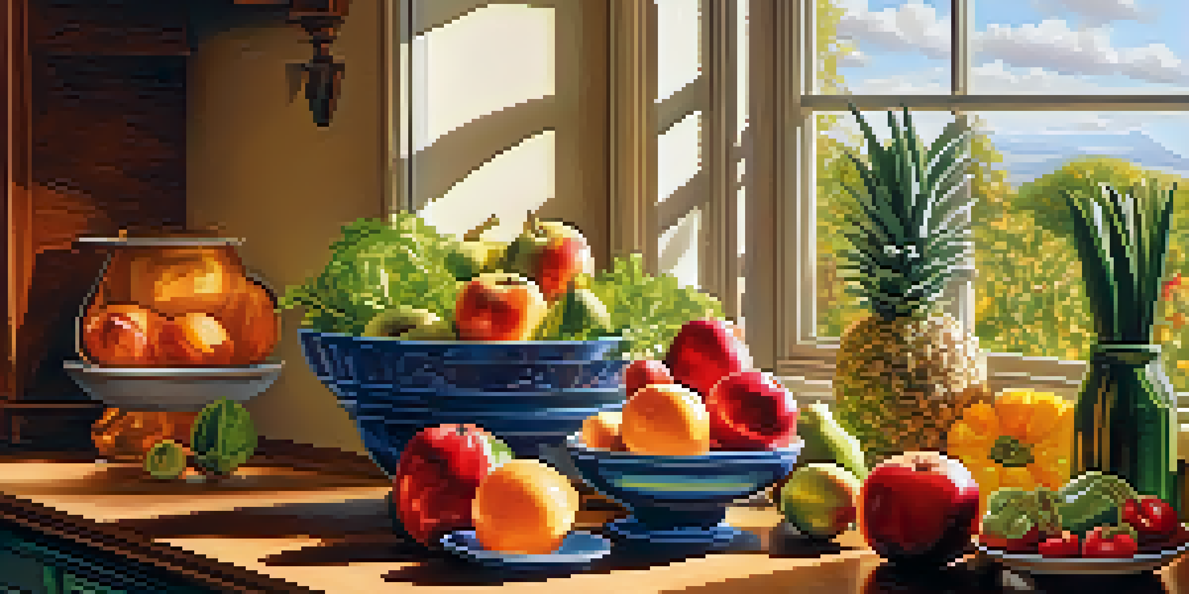 A bright kitchen filled with an assortment of colorful fruits and vegetables on a wooden countertop, illuminated by sunlight.