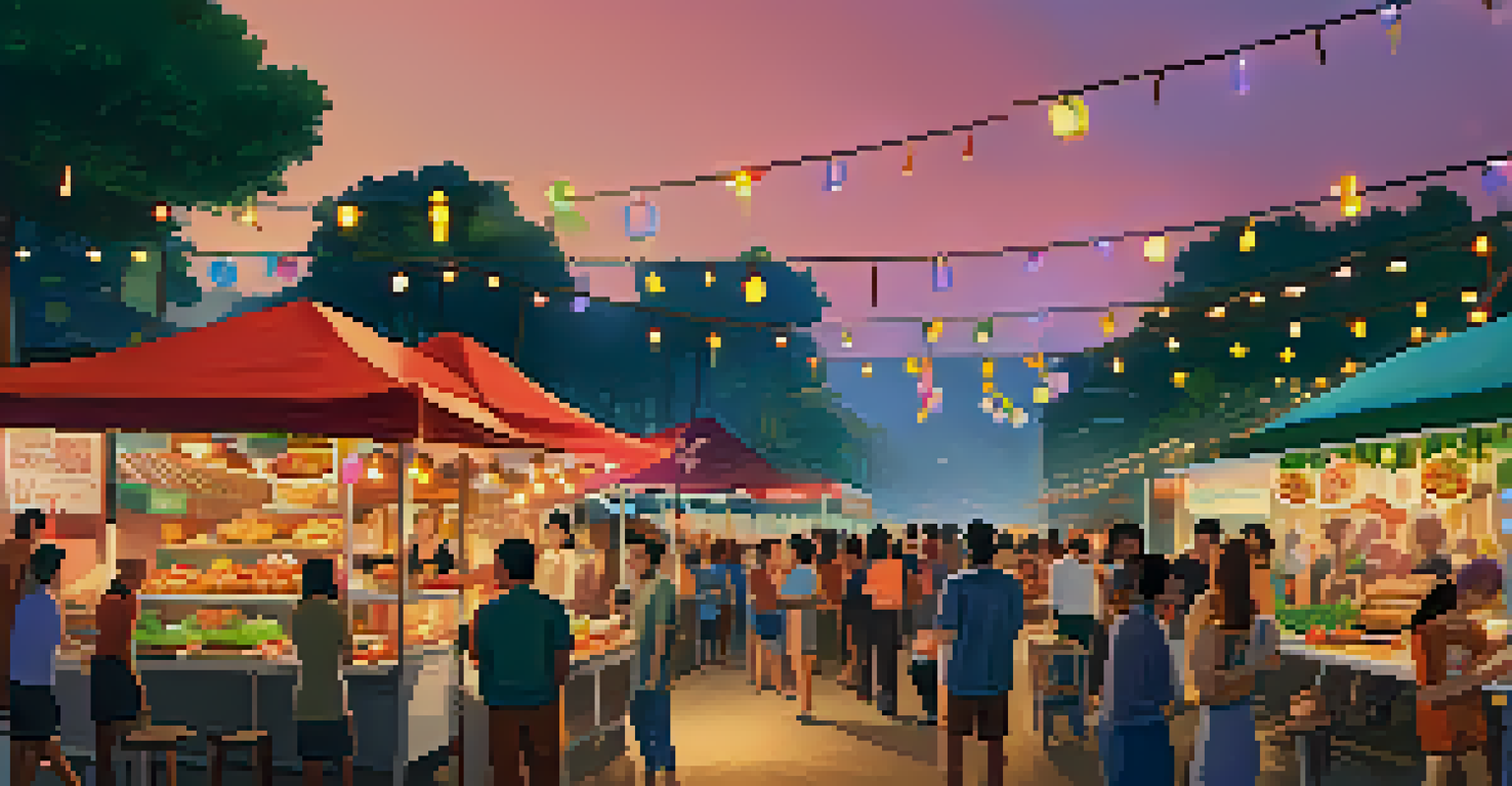 An outdoor food festival with Asian vegan street food stalls and a crowd enjoying various dishes under decorative lights.