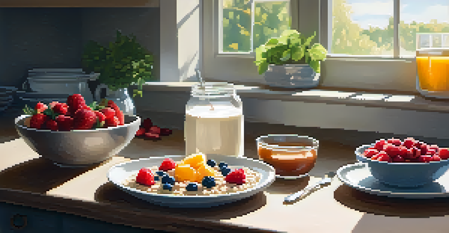 A healthy vegan breakfast spread with oatmeal, berries, and almond milk on a kitchen countertop.