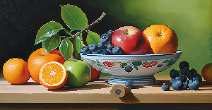 A colorful display of fresh fruits on a wooden cutting board, including an apple, blueberries, and an orange, illuminated by sunlight.