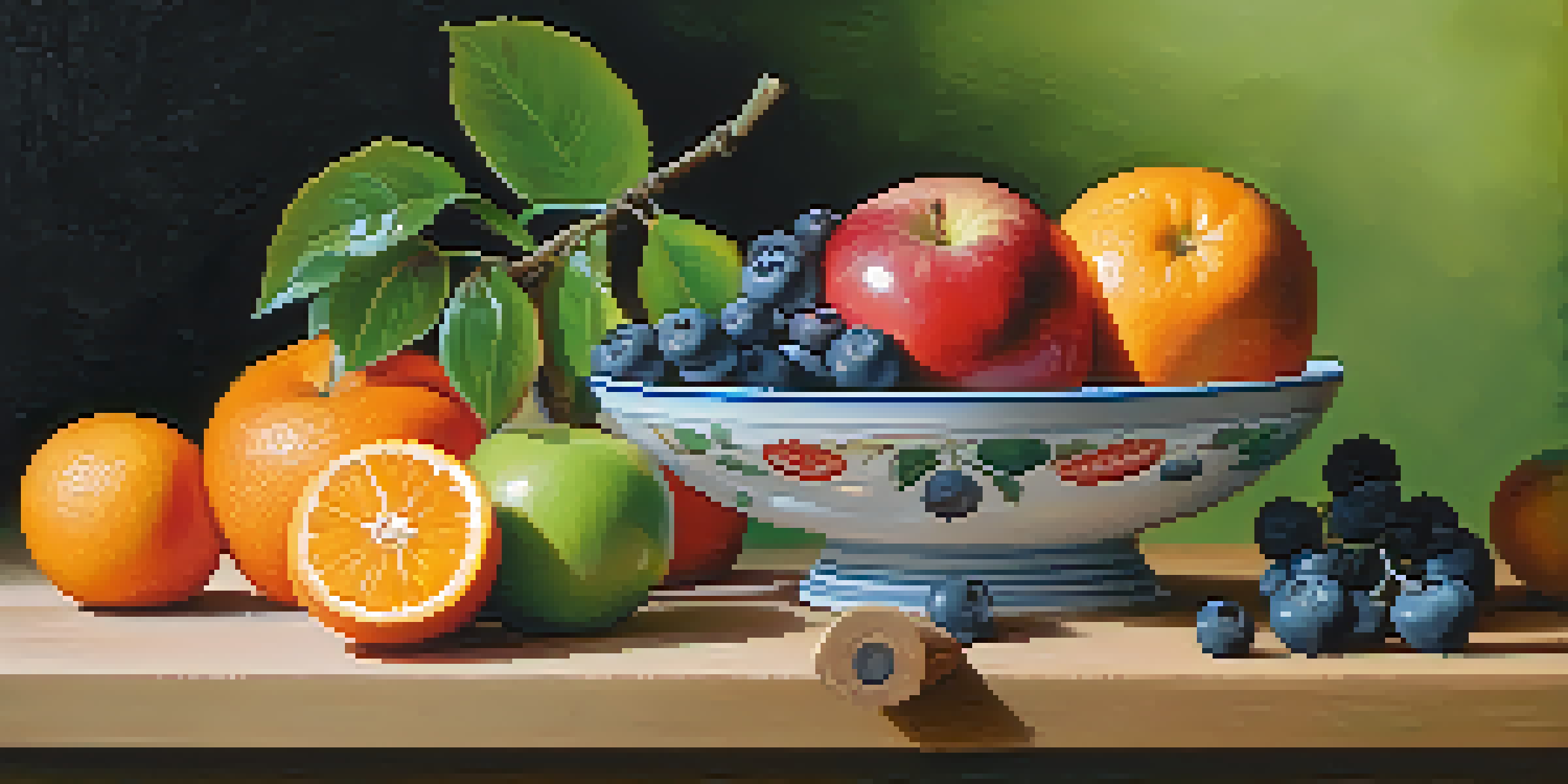 A colorful display of fresh fruits on a wooden cutting board, including an apple, blueberries, and an orange, illuminated by sunlight.