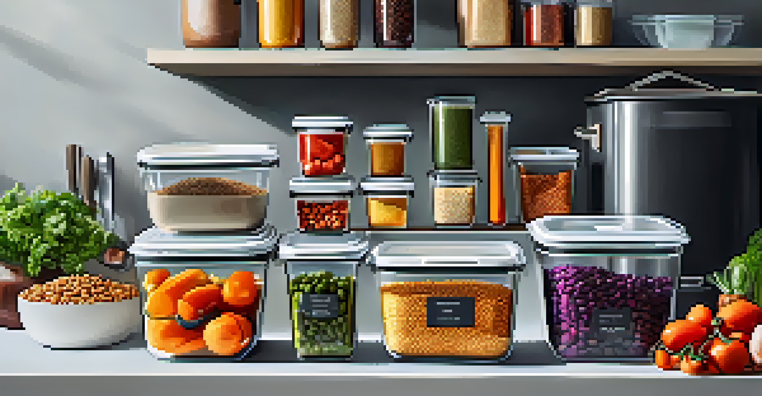Meal prep containers filled with colorful vegan ingredients on a kitchen countertop.