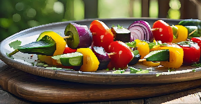 A plate of colorful veggie skewers with various vegetables, arranged on a wooden table with greenery in the background and warm sunlight.
