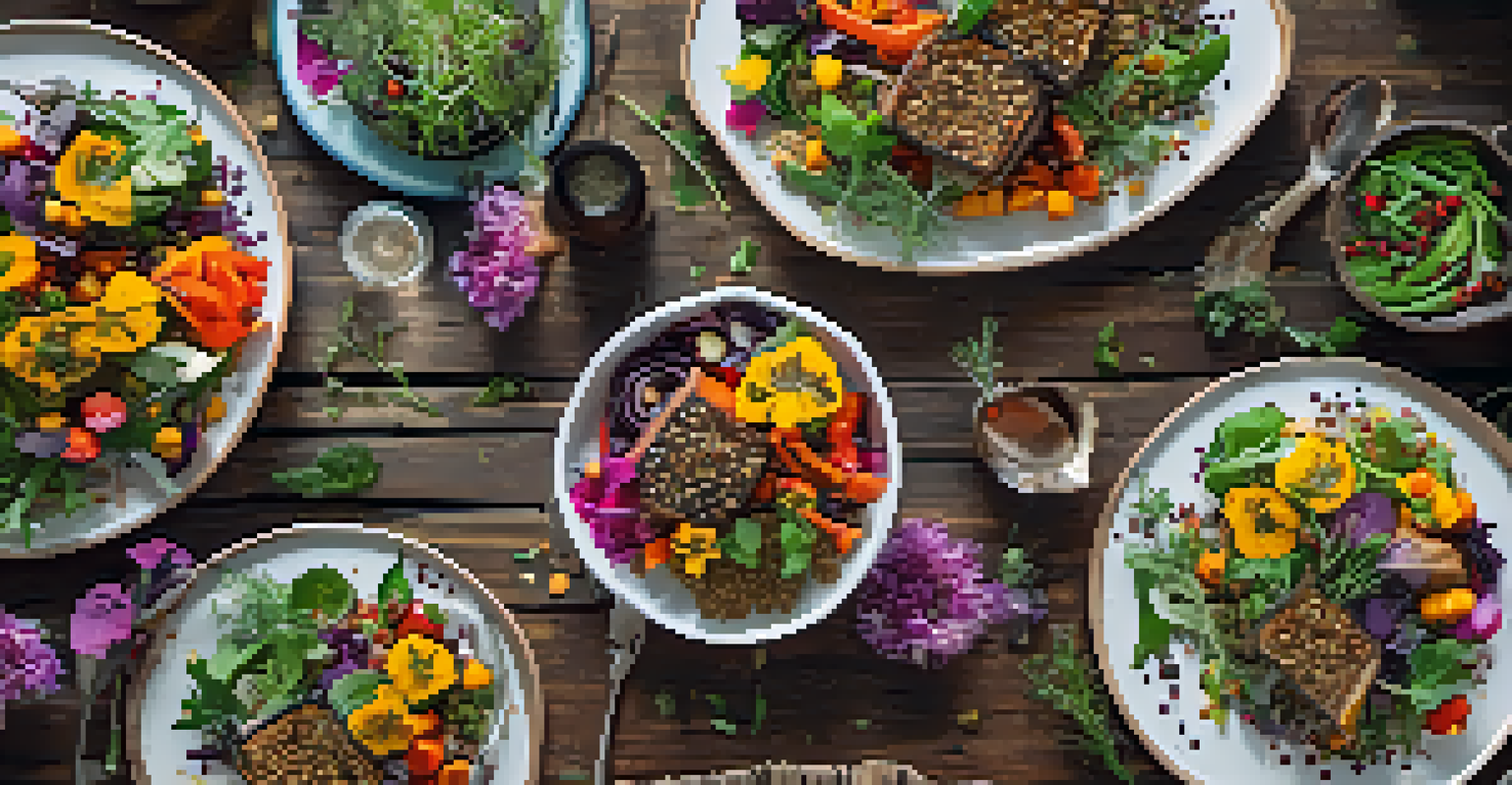 An overhead view of a colorful vegan meal on a wooden table, featuring roasted vegetables, quinoa, and fresh salad with edible flowers.