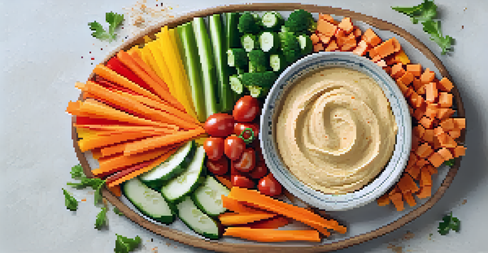 A colorful platter with hummus and assorted fresh vegetables like carrots, cucumbers, and bell peppers, beautifully arranged.