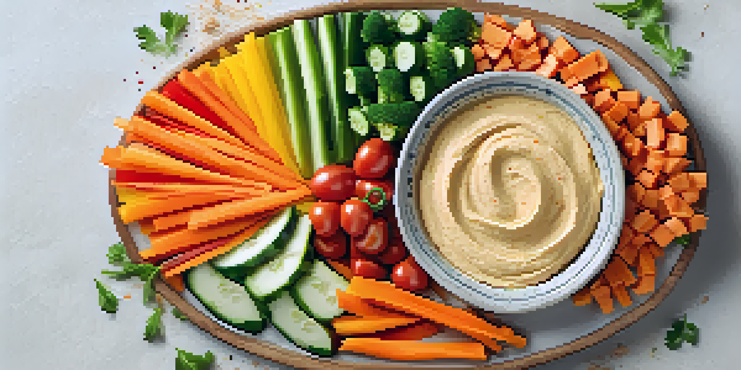 A colorful platter with hummus and assorted fresh vegetables like carrots, cucumbers, and bell peppers, beautifully arranged.