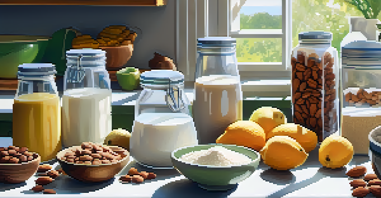 A kitchen counter filled with essential vegan baking ingredients like almond flour, coconut oil, plant-based milk, and fresh fruits.