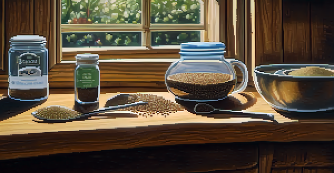 A rustic kitchen countertop with bowls of flaxseed meal and chia seeds, a measuring spoon, and a glass of water, illuminated by warm natural light.