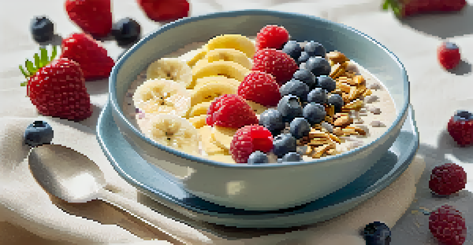 A smoothie bowl with berries and banana on a colorful cloth, showcasing a healthy breakfast.