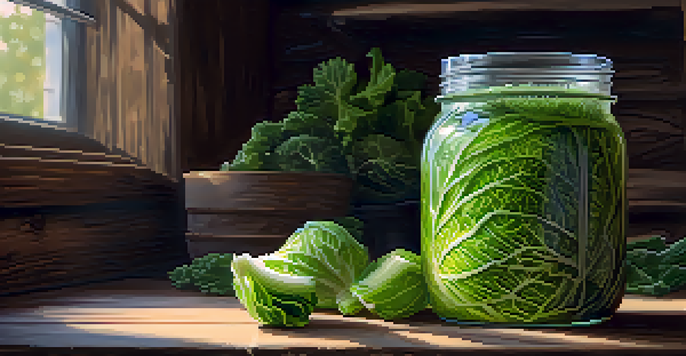 A close-up view of a jar filled with green sauerkraut on a wooden table, with natural light accentuating the texture and freshness of the fermented cabbage.