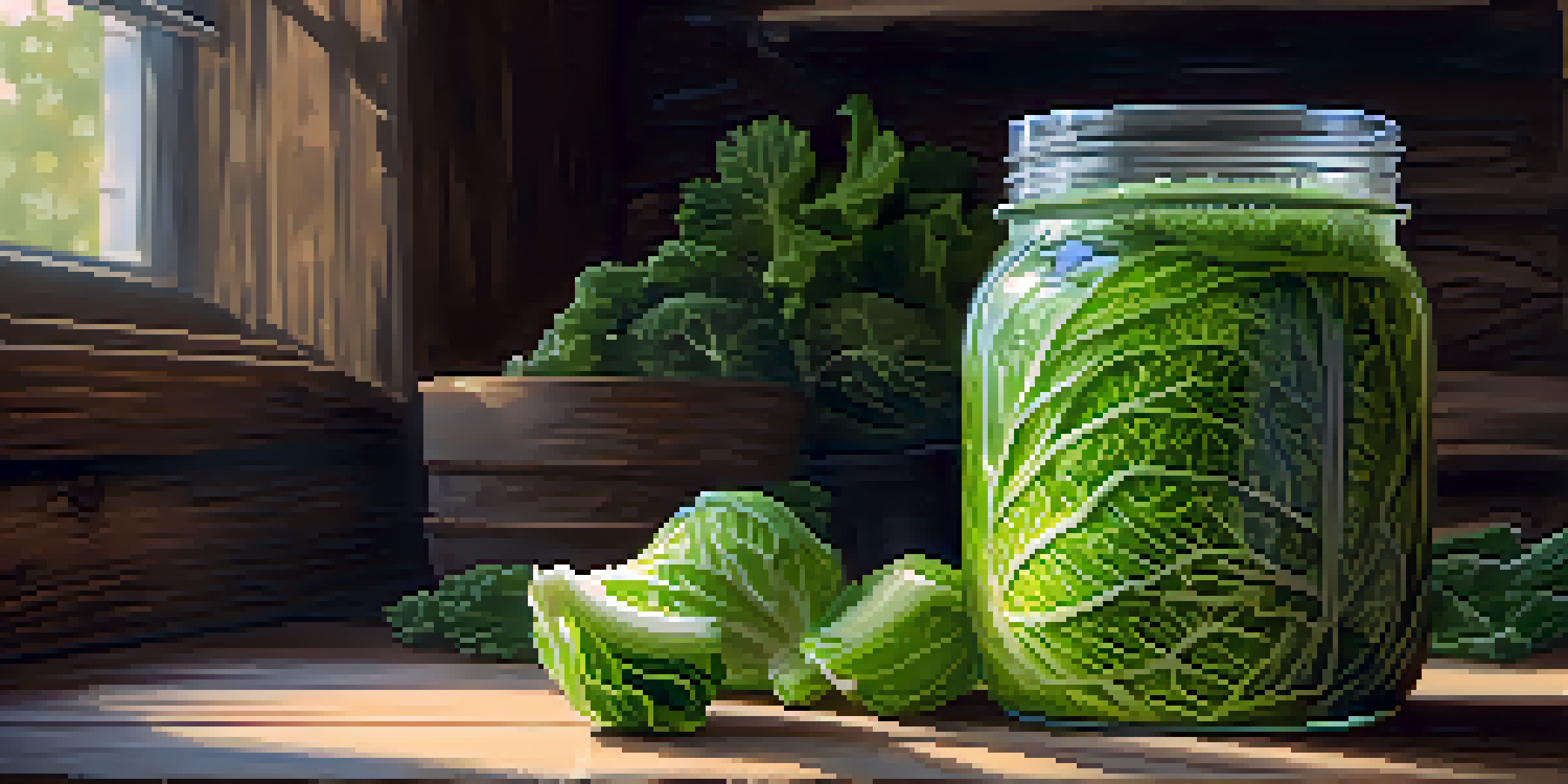 A close-up view of a jar filled with green sauerkraut on a wooden table, with natural light accentuating the texture and freshness of the fermented cabbage.