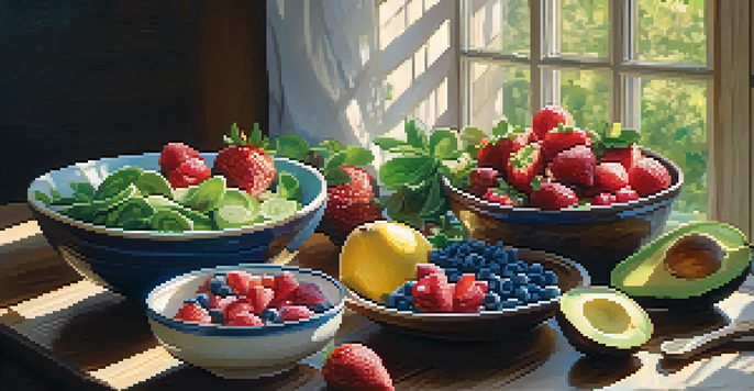 A colorful vegan meal on a wooden table, showcasing fruits, leafy greens, and avocados under warm sunlight.