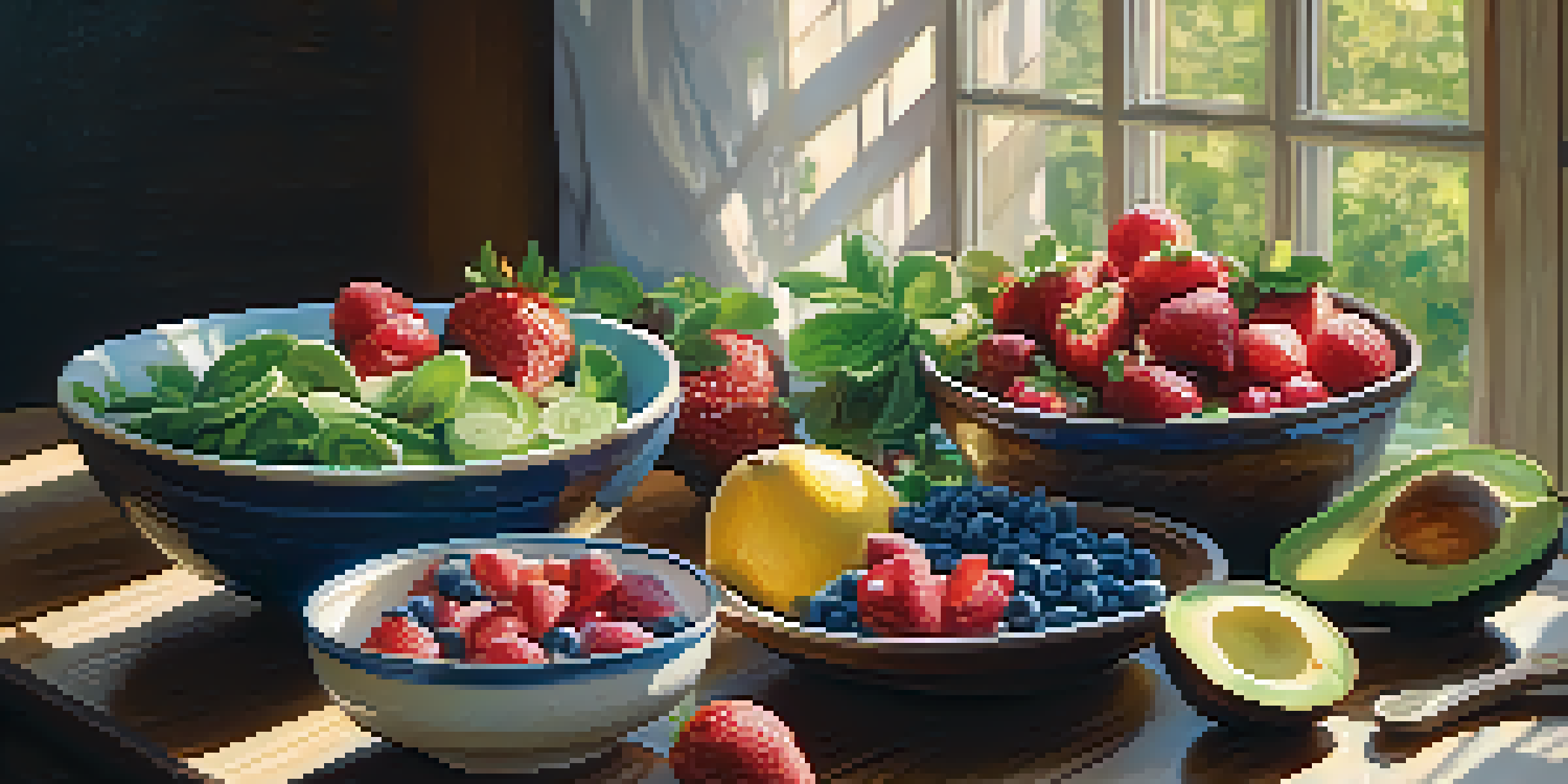 A colorful vegan meal on a wooden table, showcasing fruits, leafy greens, and avocados under warm sunlight.
