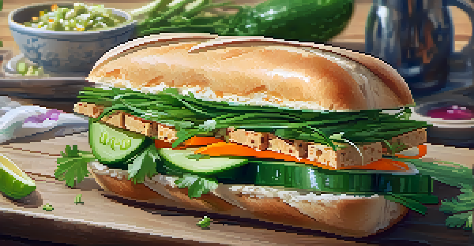 A close-up of a Vietnamese bánh mì sandwich filled with tofu and fresh vegetables on a wooden table.