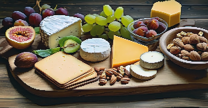 A visually appealing vegan cheese board with assorted plant-based cheeses, crackers, fruits, and nuts on a rustic wooden table.