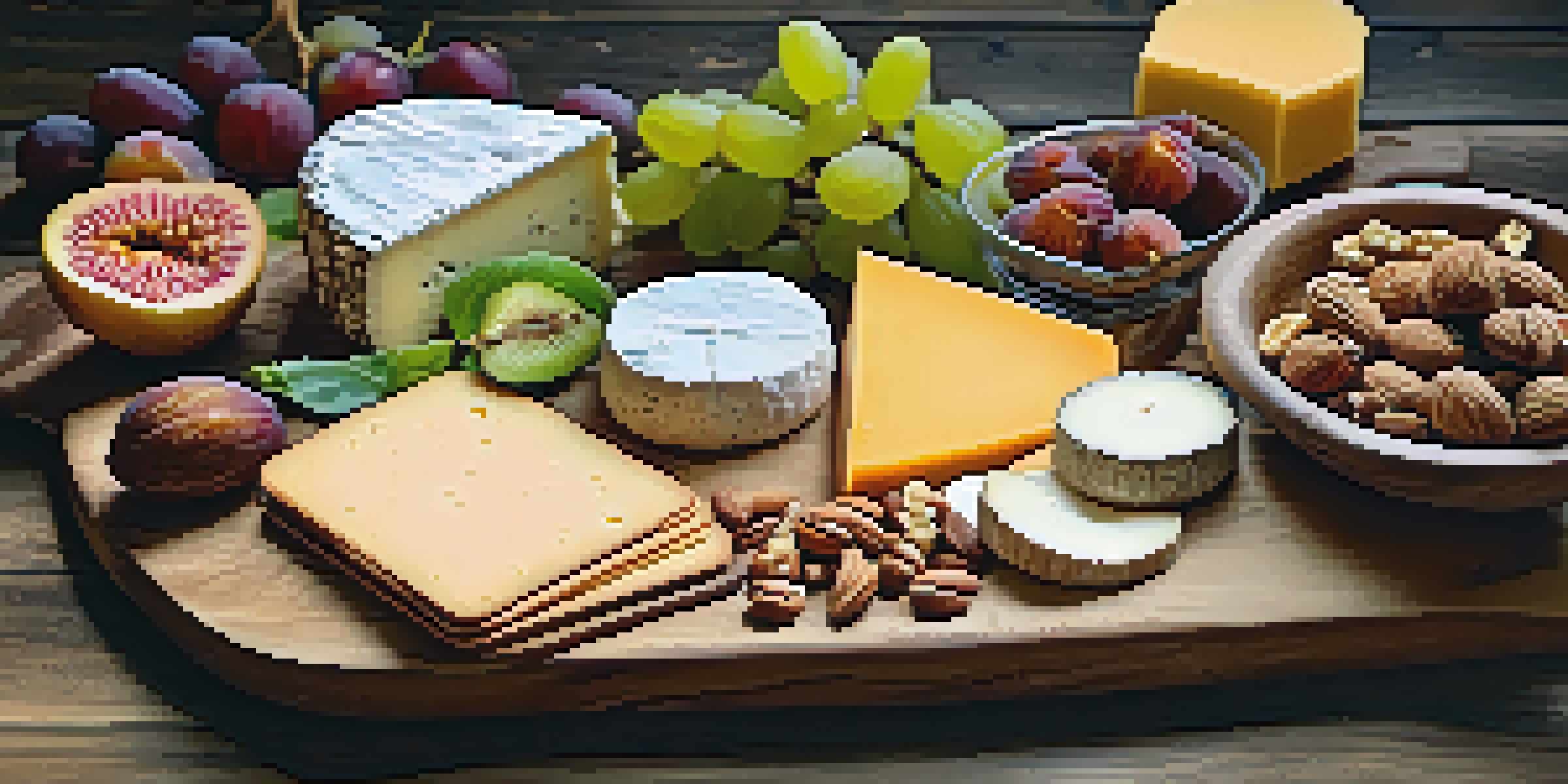 A visually appealing vegan cheese board with assorted plant-based cheeses, crackers, fruits, and nuts on a rustic wooden table.