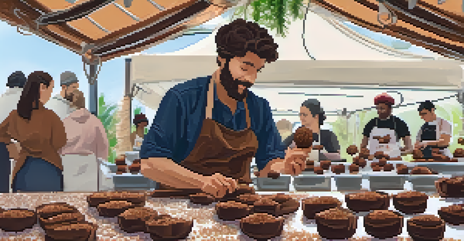 A chocolatier demonstrating how to make vegan truffles at a festival workshop with an engaged audience.