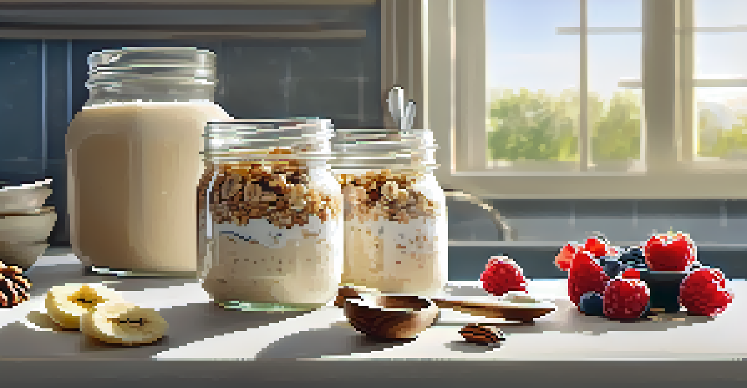 A mason jar filled with overnight oats topped with banana slices and walnuts, with fresh berries and a spoon nearby.