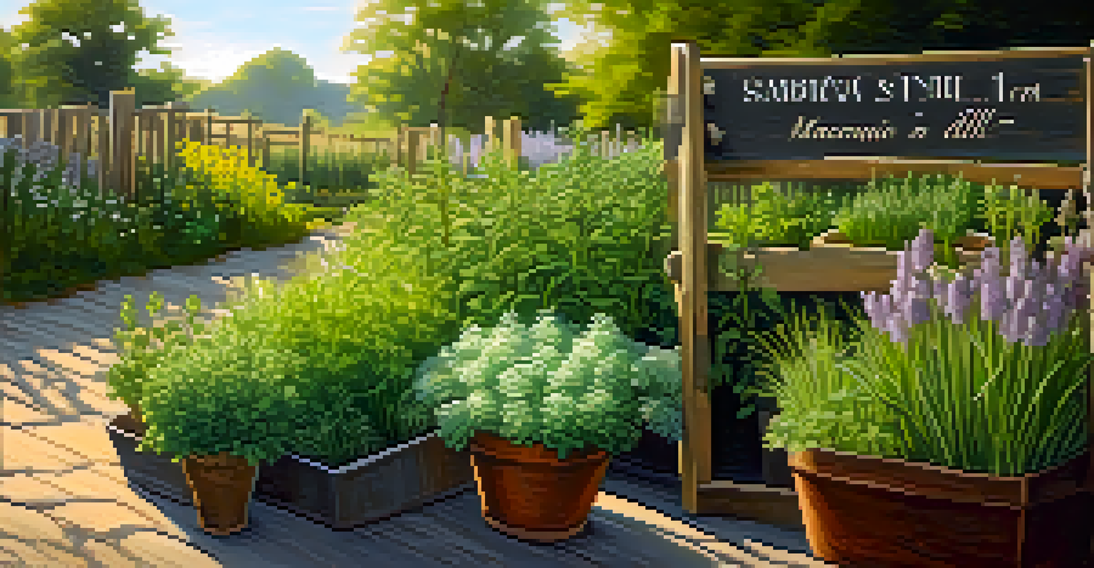 An outdoor herb garden with various herbs labeled by a rustic wooden sign, illuminated by golden afternoon light.