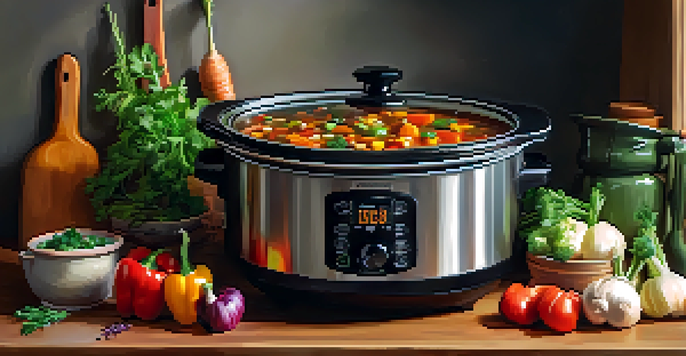 A cozy kitchen with a slow cooker filled with vibrant vegan stew and fresh vegetables around it.