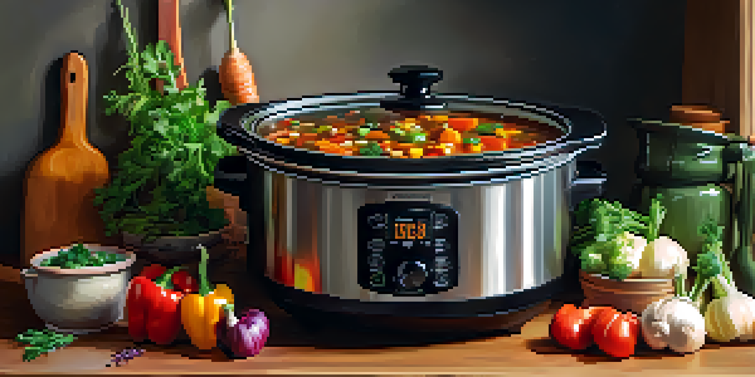 A cozy kitchen with a slow cooker filled with vibrant vegan stew and fresh vegetables around it.