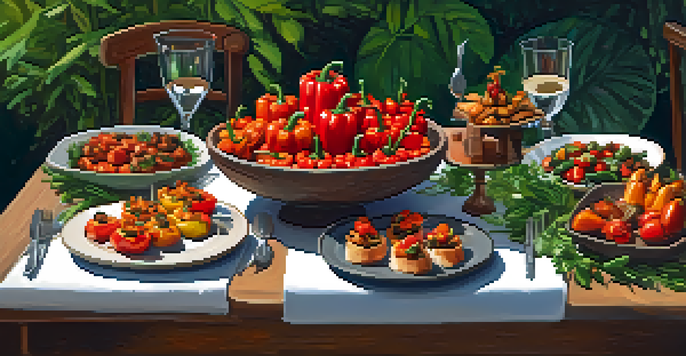 A table set for a dinner party with colorful vegan tapas, including stuffed peppers, patatas bravas, and mushroom crostini, illuminated by soft candlelight.