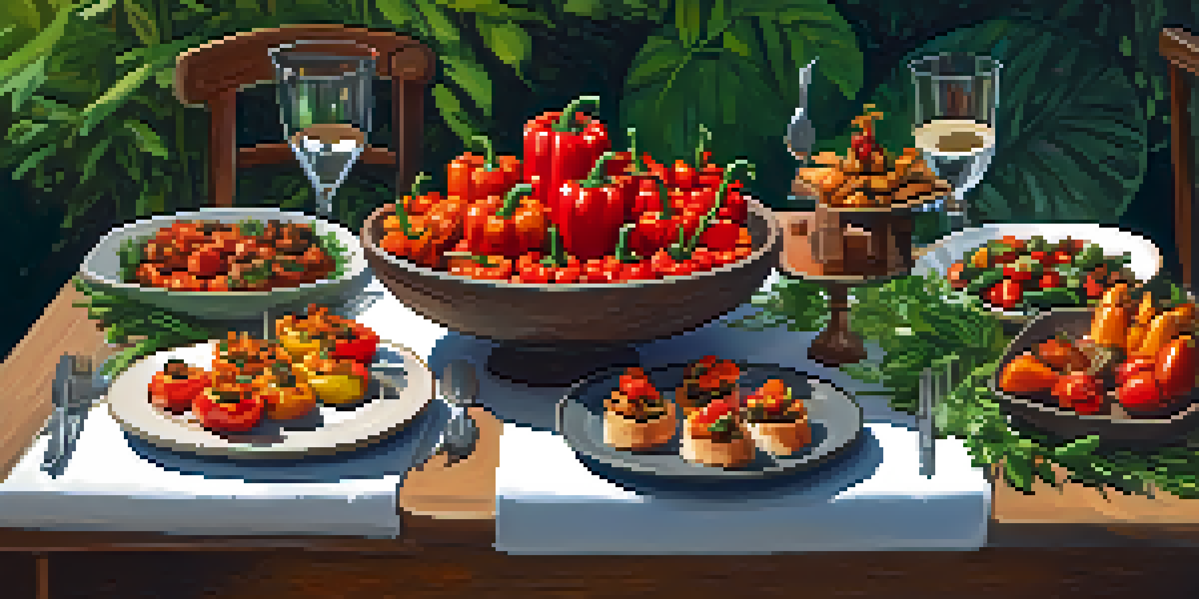 A table set for a dinner party with colorful vegan tapas, including stuffed peppers, patatas bravas, and mushroom crostini, illuminated by soft candlelight.