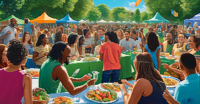 A diverse group of individuals enjoying a vegan community event in a park, surrounded by greenery and colorful banners promoting inclusivity.