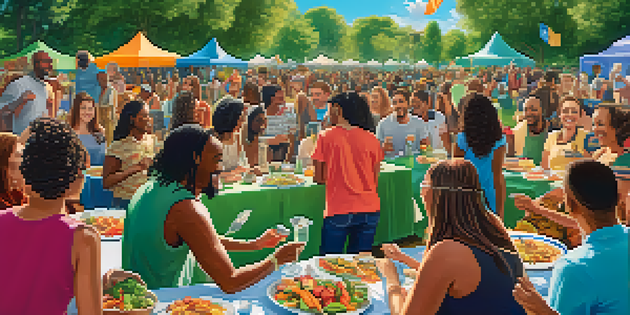 A diverse group of individuals enjoying a vegan community event in a park, surrounded by greenery and colorful banners promoting inclusivity.
