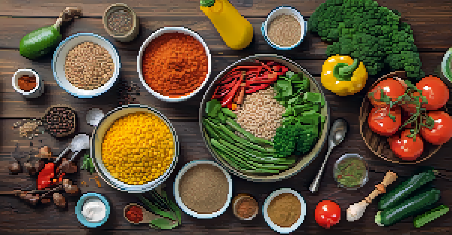 A flat lay of colorful vegan meal prep ingredients on a wooden table, complete with cooking utensils and a recipe book.