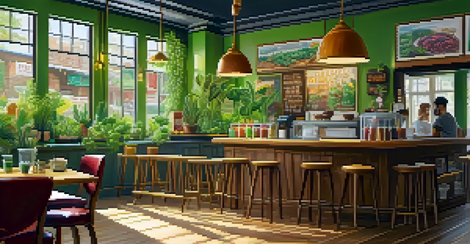 A cozy vegan café with green plants, wooden furniture, and sunlight streaming through large windows, showcasing vibrant dishes.