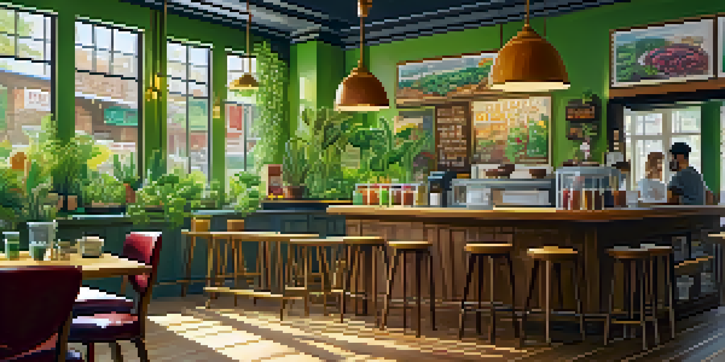 A cozy vegan café with green plants, wooden furniture, and sunlight streaming through large windows, showcasing vibrant dishes.