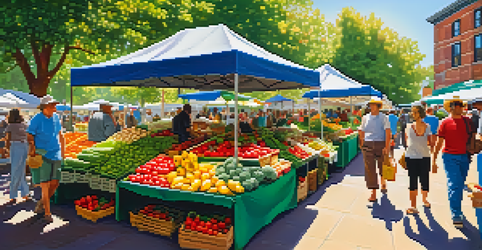 A lively farmer's market with colorful fruits and vegetables under sunlight, depicting community engagement with plant-based food.