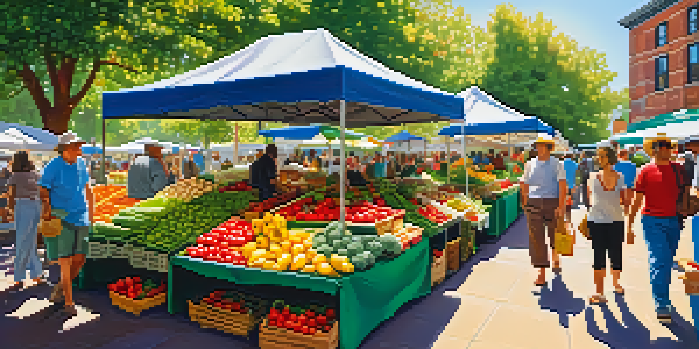 A lively farmer's market with colorful fruits and vegetables under sunlight, depicting community engagement with plant-based food.