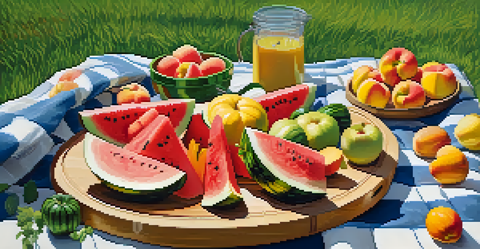A summer picnic with a platter of watermelon, peaches, and grilled vegetables on a checkered blanket in a sunny park.