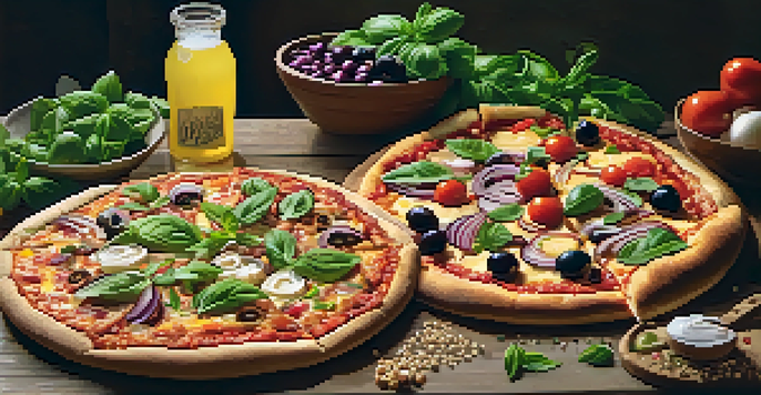 A table filled with colorful vegan pizzas, including Margherita, BBQ chickpea, and Mediterranean varieties, with fresh ingredients and warm lighting.