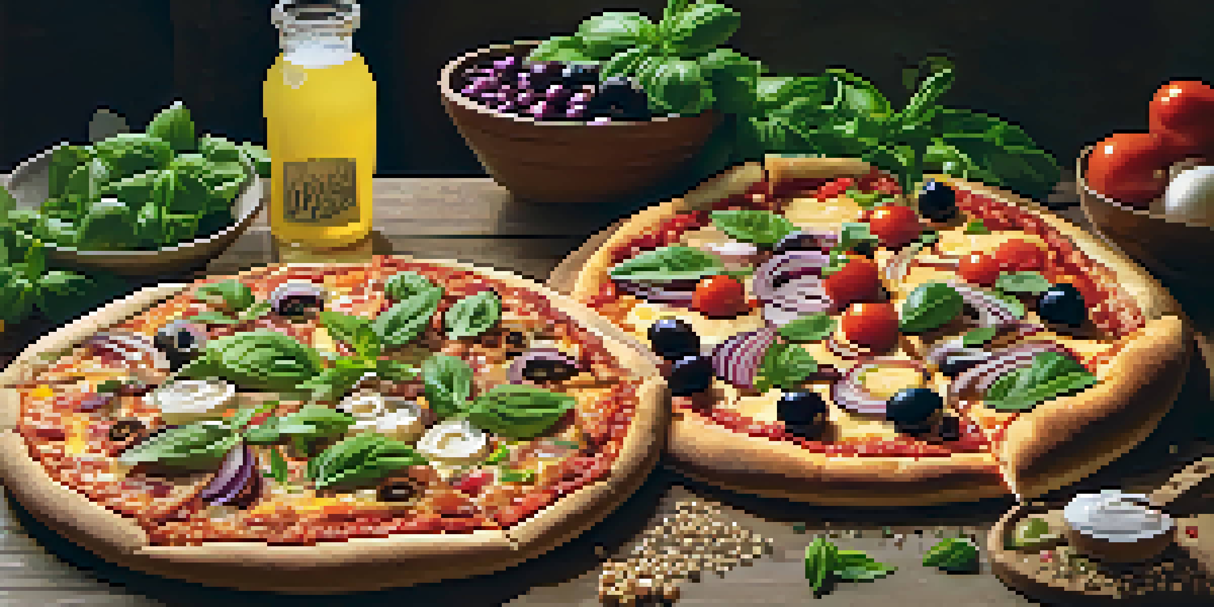 A table filled with colorful vegan pizzas, including Margherita, BBQ chickpea, and Mediterranean varieties, with fresh ingredients and warm lighting.