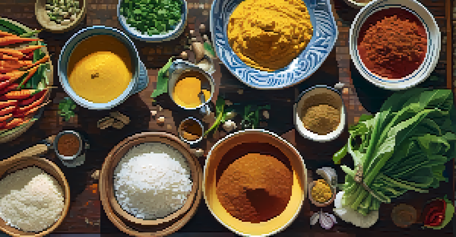An overhead view of a kitchen counter with ingredients for a vegan curry, including vegetables and spices.