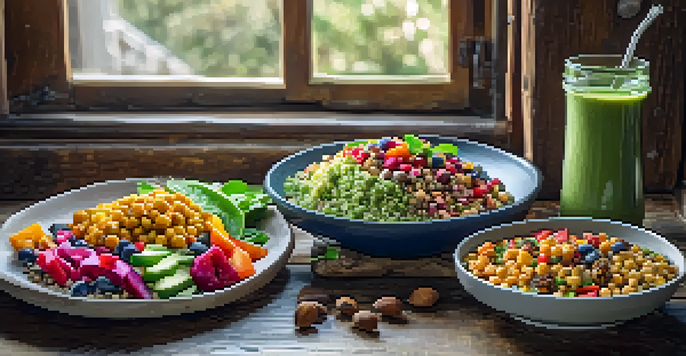 A colorful vegan meal spread on a wooden table including quinoa salad, chickpea curry, and a smoothie bowl with fruits and nuts, illuminated by natural sunlight.