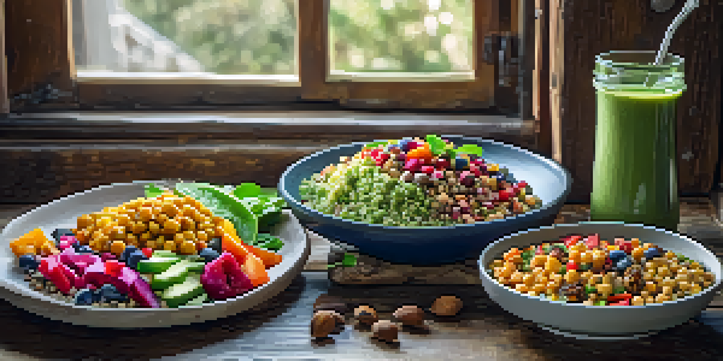 A colorful vegan meal spread on a wooden table including quinoa salad, chickpea curry, and a smoothie bowl with fruits and nuts, illuminated by natural sunlight.