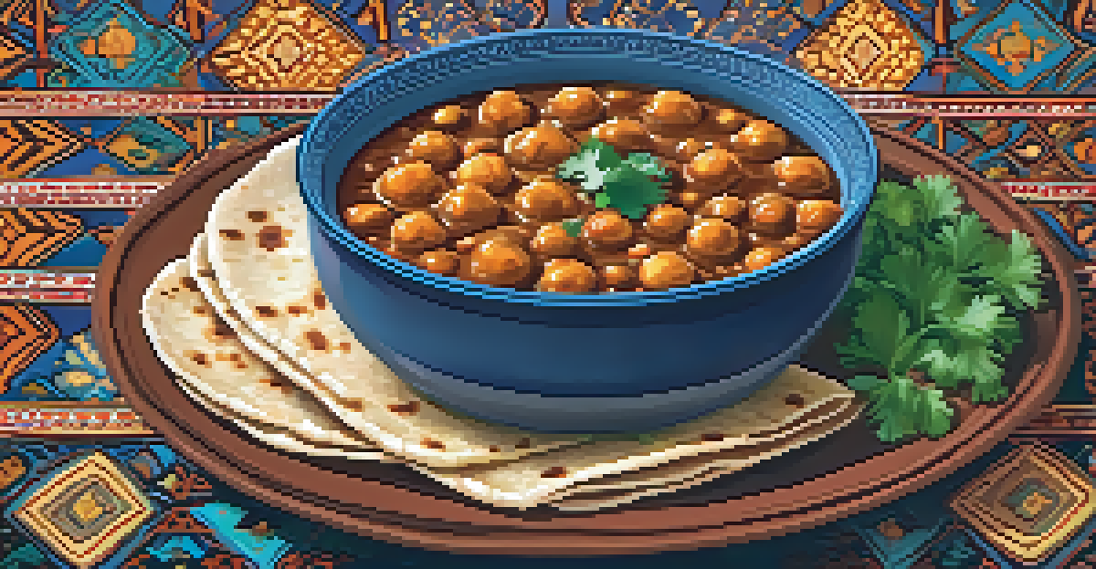 A plate of Chana Masala garnished with cilantro, served with rice and naan on a decorative Indian table.