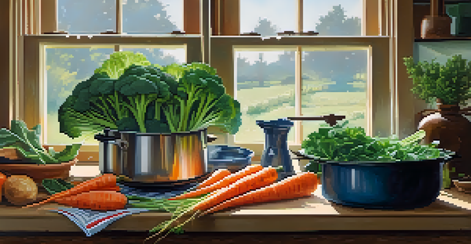 A bright kitchen with a steamer basket containing colorful vegetables like broccoli and carrots over boiling water, with fresh herbs on the countertop.