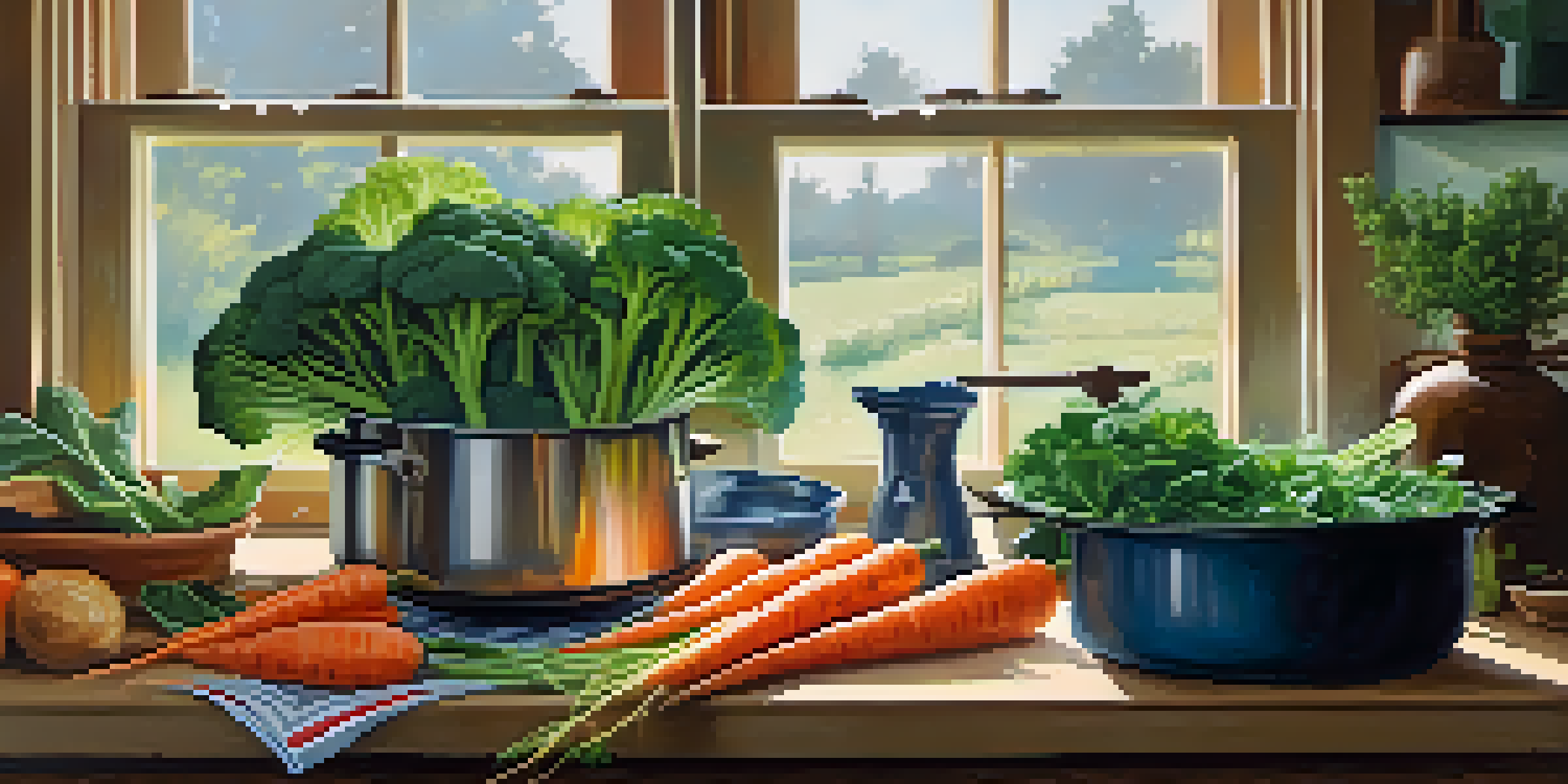 A bright kitchen with a steamer basket containing colorful vegetables like broccoli and carrots over boiling water, with fresh herbs on the countertop.