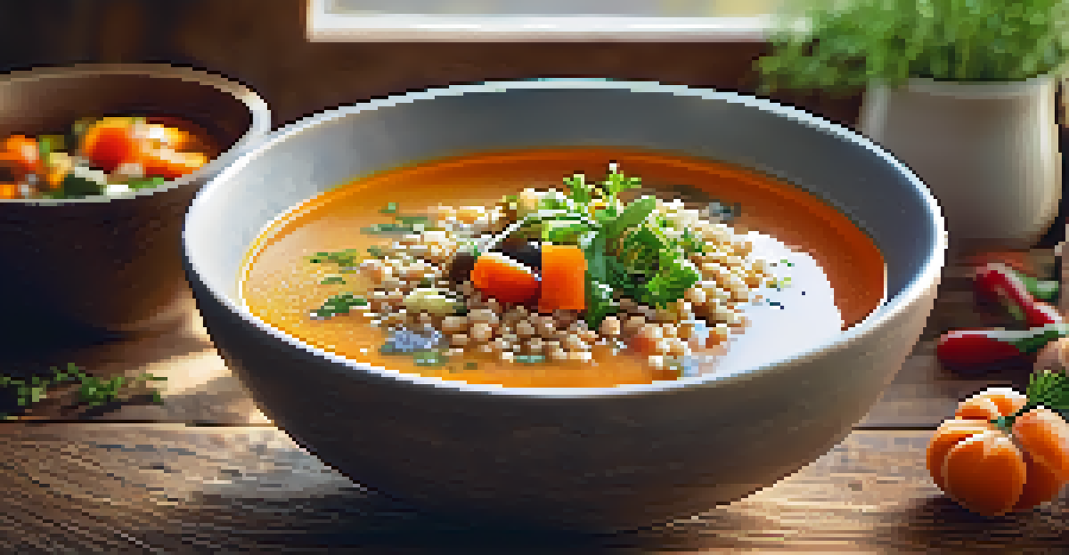 A bowl of vegan soup with quinoa and vegetables, garnished with fresh herbs, set on a wooden table with sunlight filtering through.