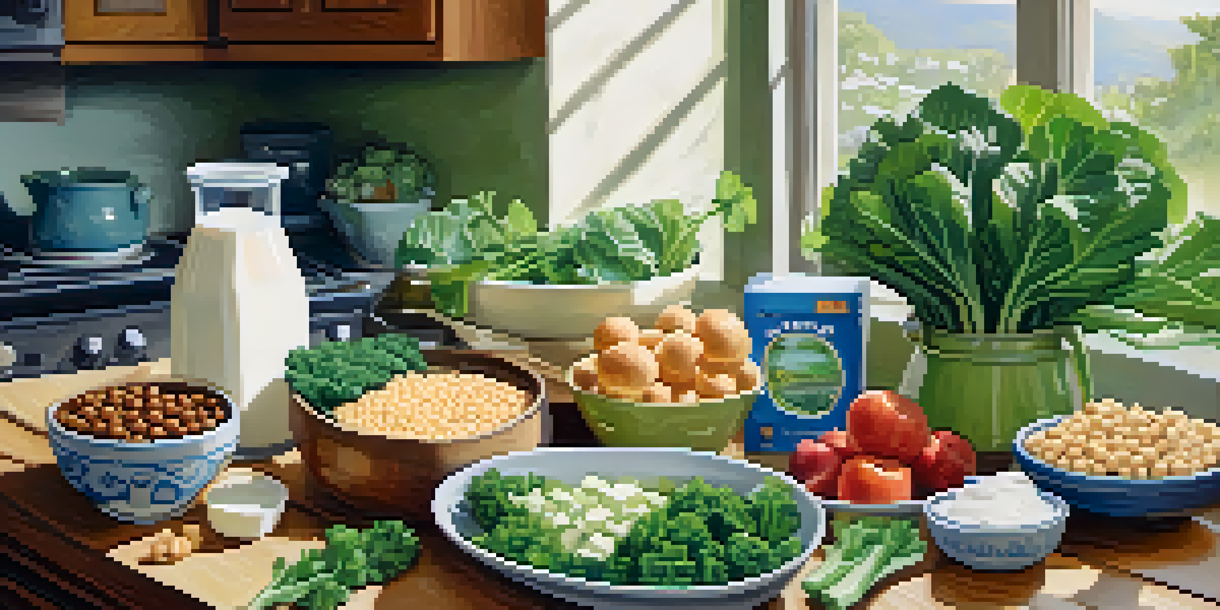 A kitchen table filled with various vegan foods rich in calcium, including leafy greens, almond milk, chickpeas, and tofu cubes, all under soft morning light.