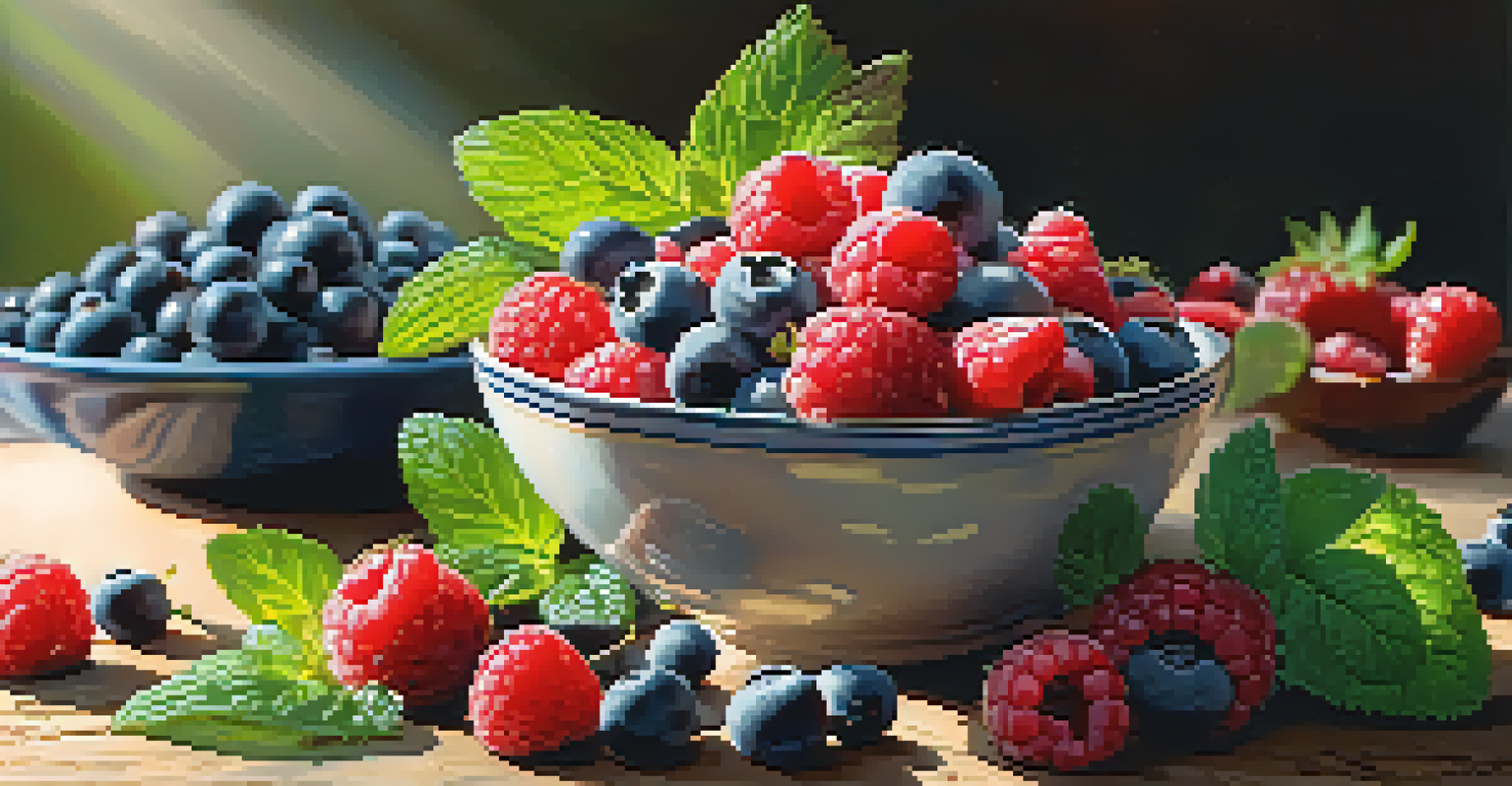 A close-up of a bowl filled with fresh berries and mint leaves, with sunlight highlighting their vibrant colors.