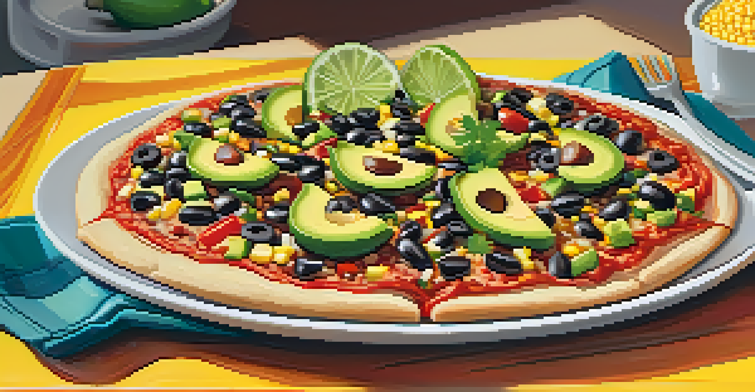 A spicy Mexican vegan pizza with vibrant toppings on a colorful plate, accompanied by a lime wedge and guacamole.