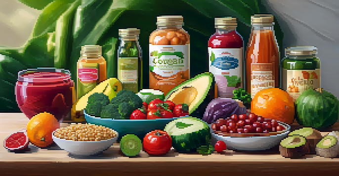 A variety of vegan food products displayed on a wooden table, showcasing colorful packaging and fresh produce.